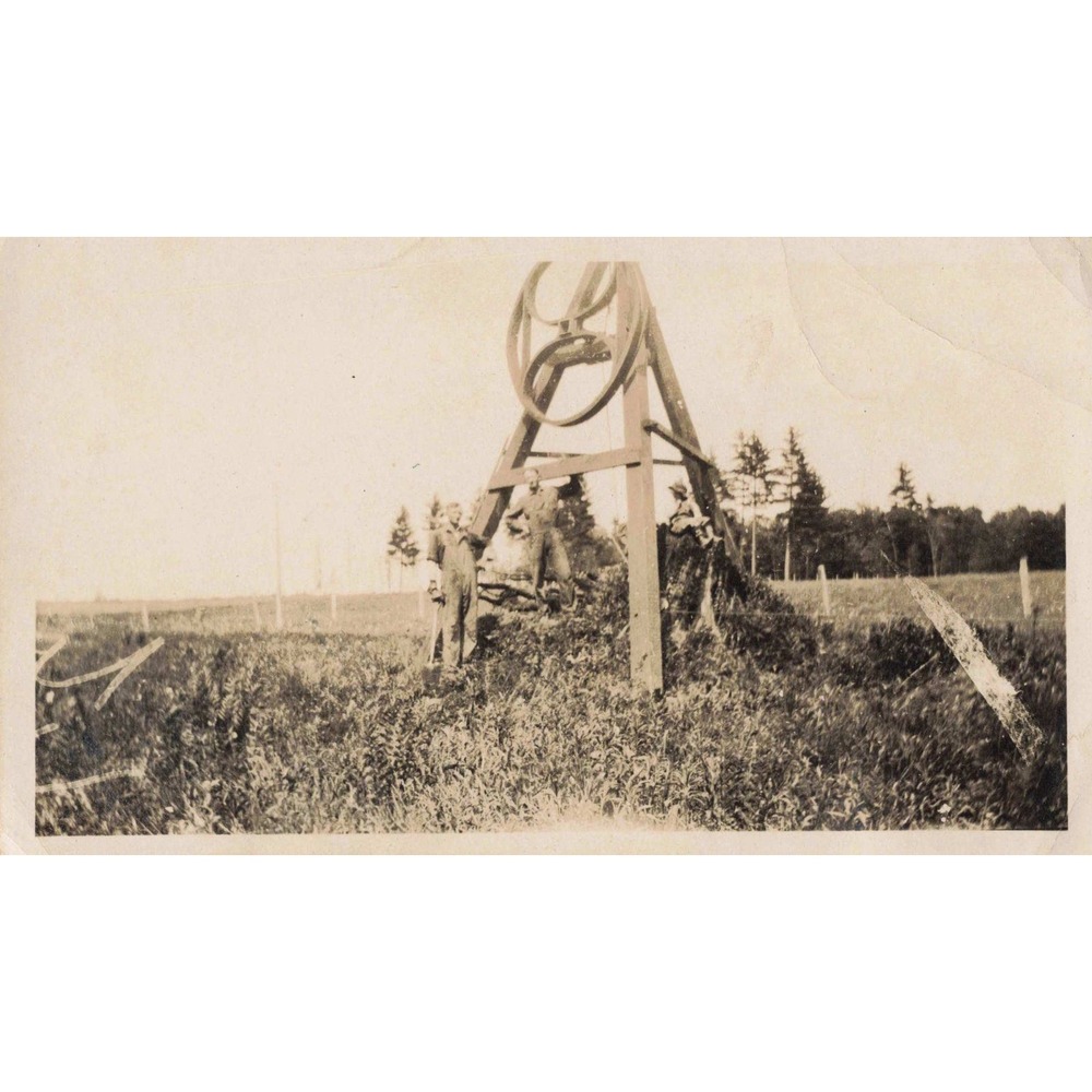 Vtg Sepia Photo Men A-Frame Pulley Rig Rural Farm Snapshot Early 1900s - Picture 1 of 2